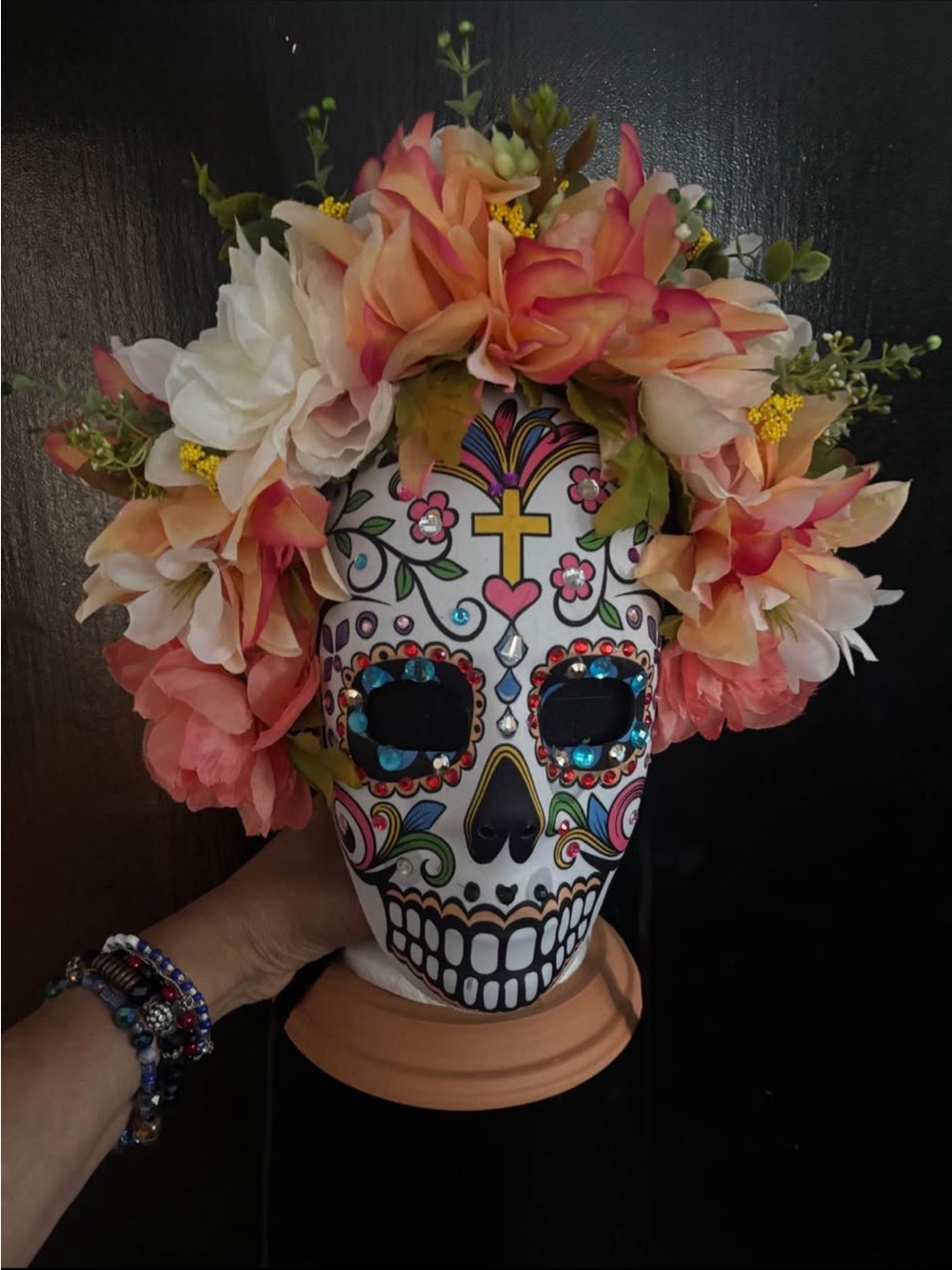 Floral Peach & White Flower Crown Hair Accessory. Dia de Los Muertos